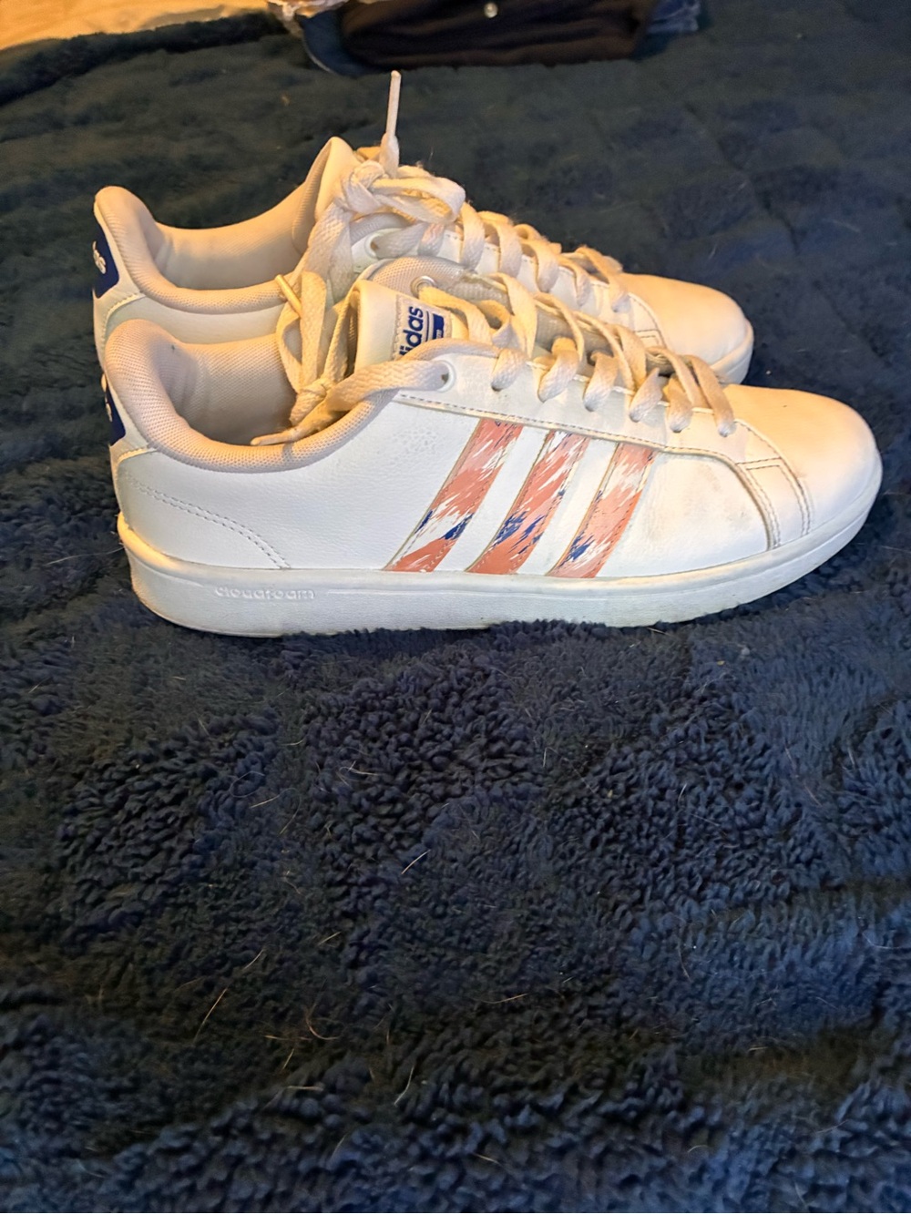 adidas White Sneakers with Pink and Blue Stripe Accents